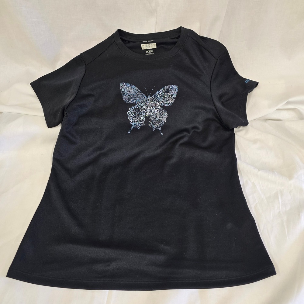Reebok PlayDry Womens Black Butterfly Graphic Athletic T-Shirt‎ Short Sleeve S